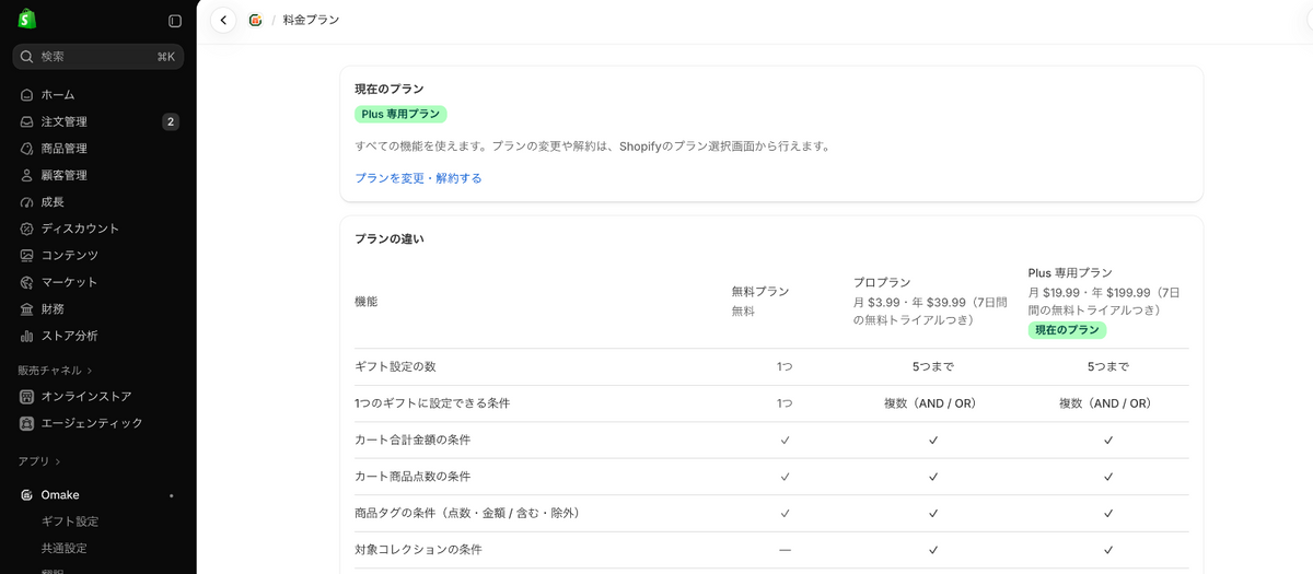 Omakeの料金プランの画面（無料プラン・プロプラン・Plus 専用プランの比較）