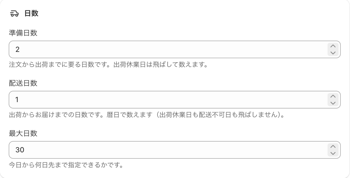 配送設定の「日数」。準備日数・配送日数・最大日数